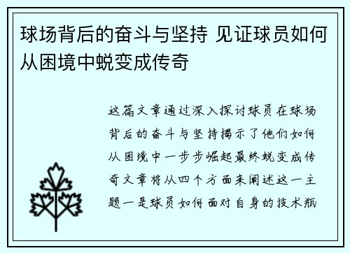 球场背后的奋斗与坚持 见证球员如何从困境中蜕变成传奇