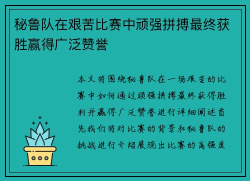 秘鲁队在艰苦比赛中顽强拼搏最终获胜赢得广泛赞誉