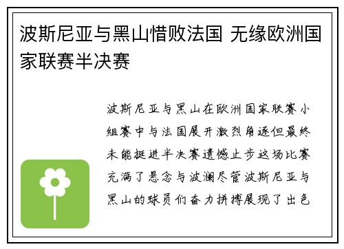 波斯尼亚与黑山惜败法国 无缘欧洲国家联赛半决赛